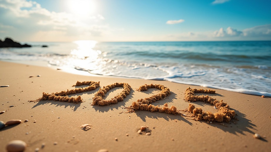 Strandlandschaft mit der Jahreszahl 2025, die in den Sand geschrieben wurde. Die Wellen des Meeres rollen sanft auf den Strand zu, während die Sonne am Himmel strahlt und eine warme, einladende Atmosphäre schafft. Ein symbolisches Bild für einen Neuanfang, Reisen oder den Beginn eines neuen Kapitels.