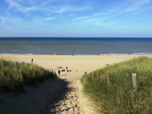 Das Bild zeigt einen idyllischen Strandblick. Im Vordergrund sieht man Dünen mit Strandgras, die einen natürlichen Weg zum Strand bilden. Der Sandstrand erstreckt sich weit und scheint menschenleer zu sein. Das Meer ist in der Ferne zu sehen und verschmilzt am Horizont mit dem blauen Himmel, der einige weiße Wolken aufweist. Die Szene strahlt Ruhe und Natürlichkeit aus. Die Farben sind klar und lebendig - das Grün des Strandgrases, der helle Sand, das Blau von Himmel und Meer. Es wirkt wie ein perfekter Tag für einen Strandspaziergang oder eine entspannende Zeit am Meer. Dieser Strandabschnitt scheint unberührt und friedlich, fern von Menschenmengen und Hektik. Es vermittelt ein Gefühl von Weite, Freiheit und Erholung in einer natürlichen Umgebung.